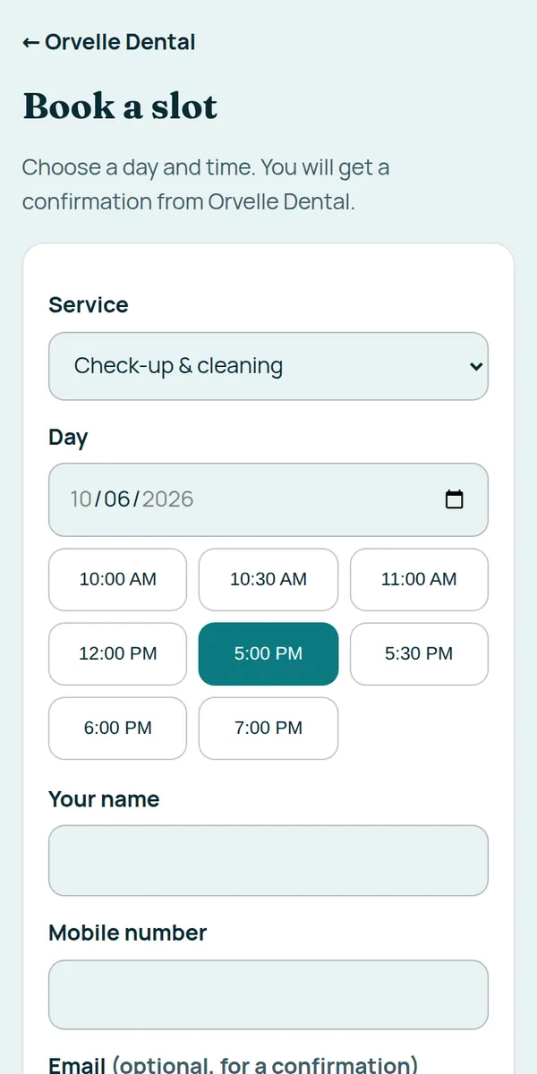Sample business app: booking screen for Orvelle Dental, a made-up clinic