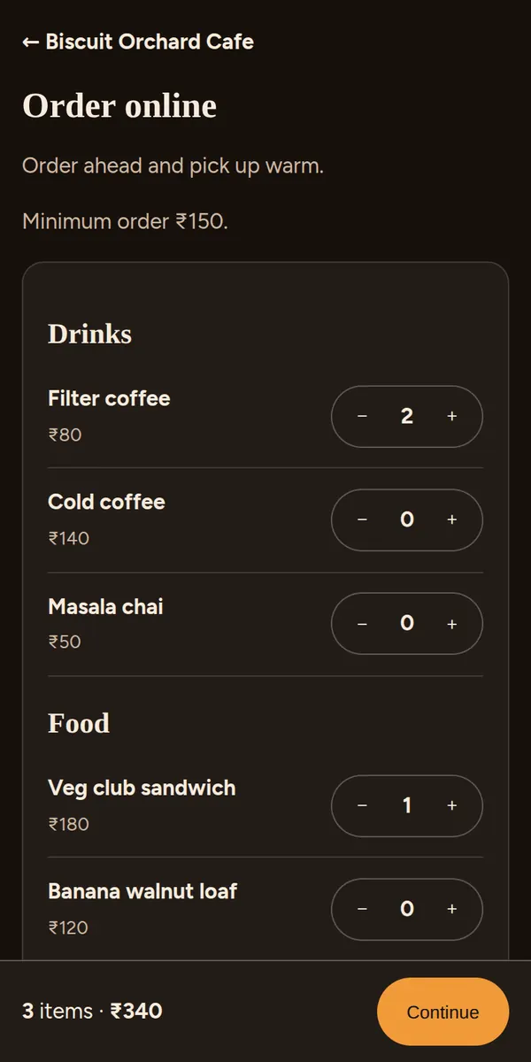 Sample business app: online ordering screen for Biscuit Orchard Cafe, a made-up cafe