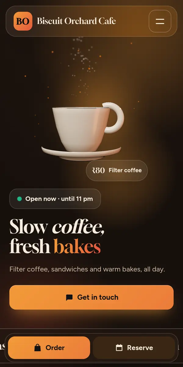 Sample design: Biscuit Orchard Cafe website on a phone