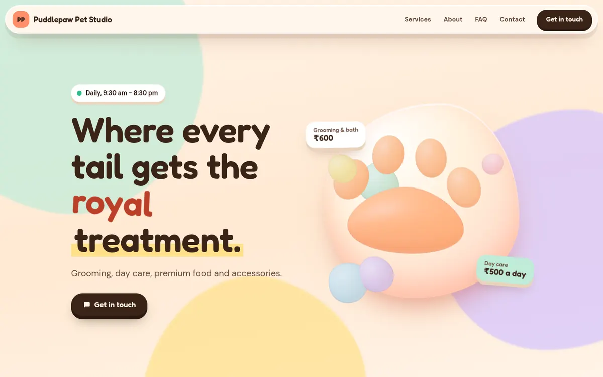 Sample design: Puddlepaw Pet Studio website