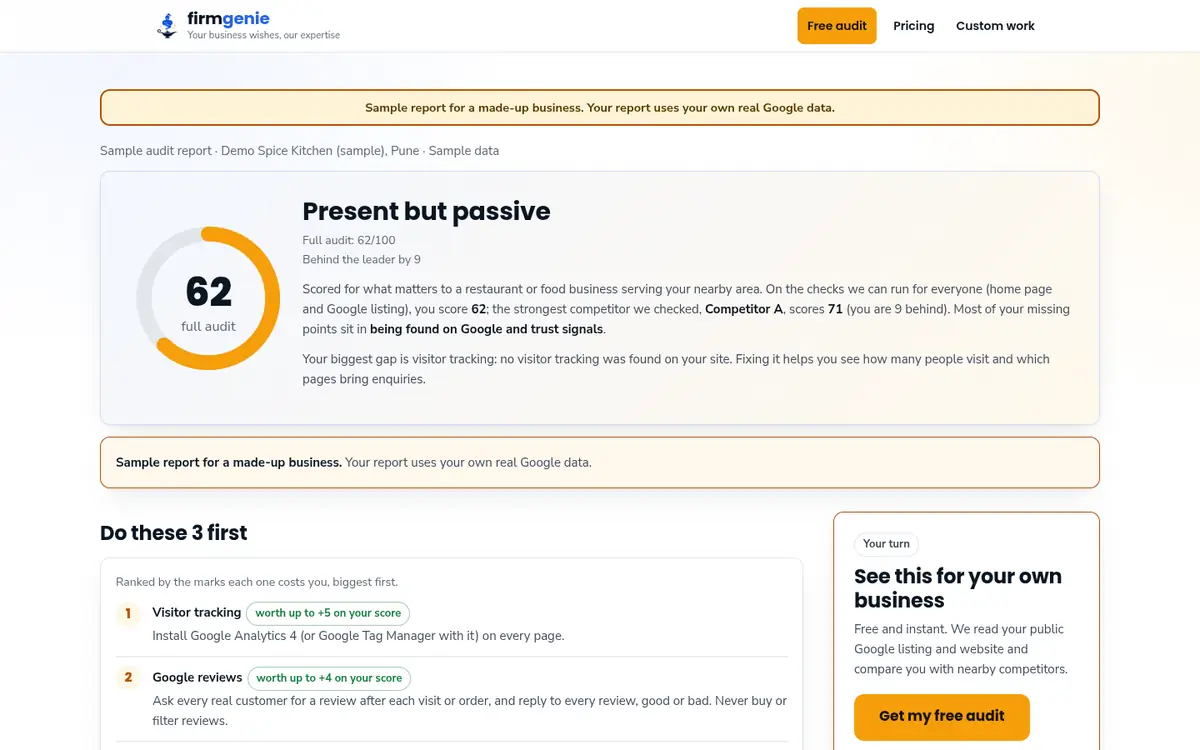 Sample free audit report for a made-up restaurant, on a laptop