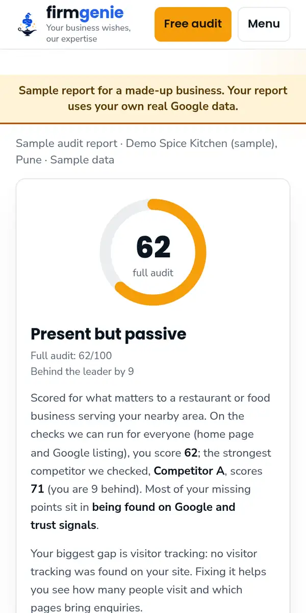 Sample free audit report for a made-up restaurant, on a phone