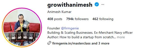 Instagram profile of @growithanimesh showing 794K followers (2 Oct 2026)