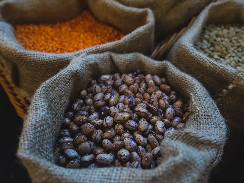 Burlap sacks of beans and lentils in a market