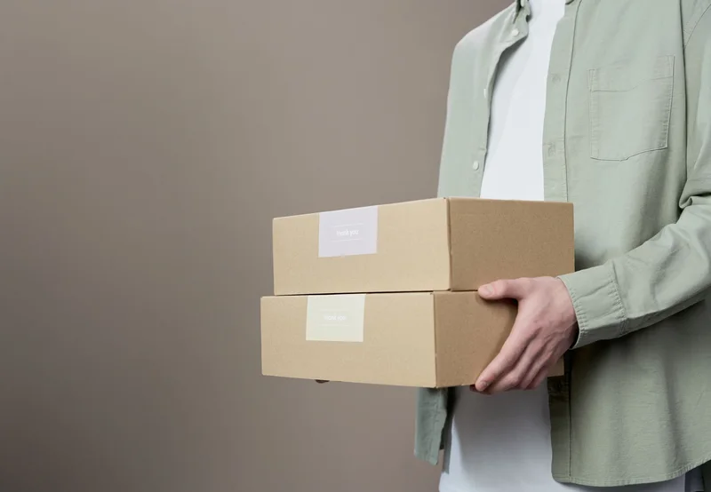 Hands holding two plain cardboard parcels